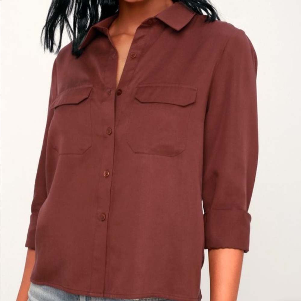 Lucille Washed Burgundy Long Sleeve Button-Up Top